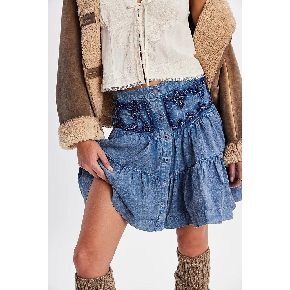 Free People August Mini Skirt Denim A-Line Layered Blue Cotton Solid S 287129